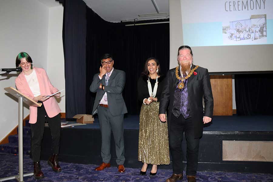 Eve Hamill (Chair) with Chief Superintendent Farrque Hussain, Arusha (Roo) Irvine (Bargain Hunt) & Provost Jim Todd